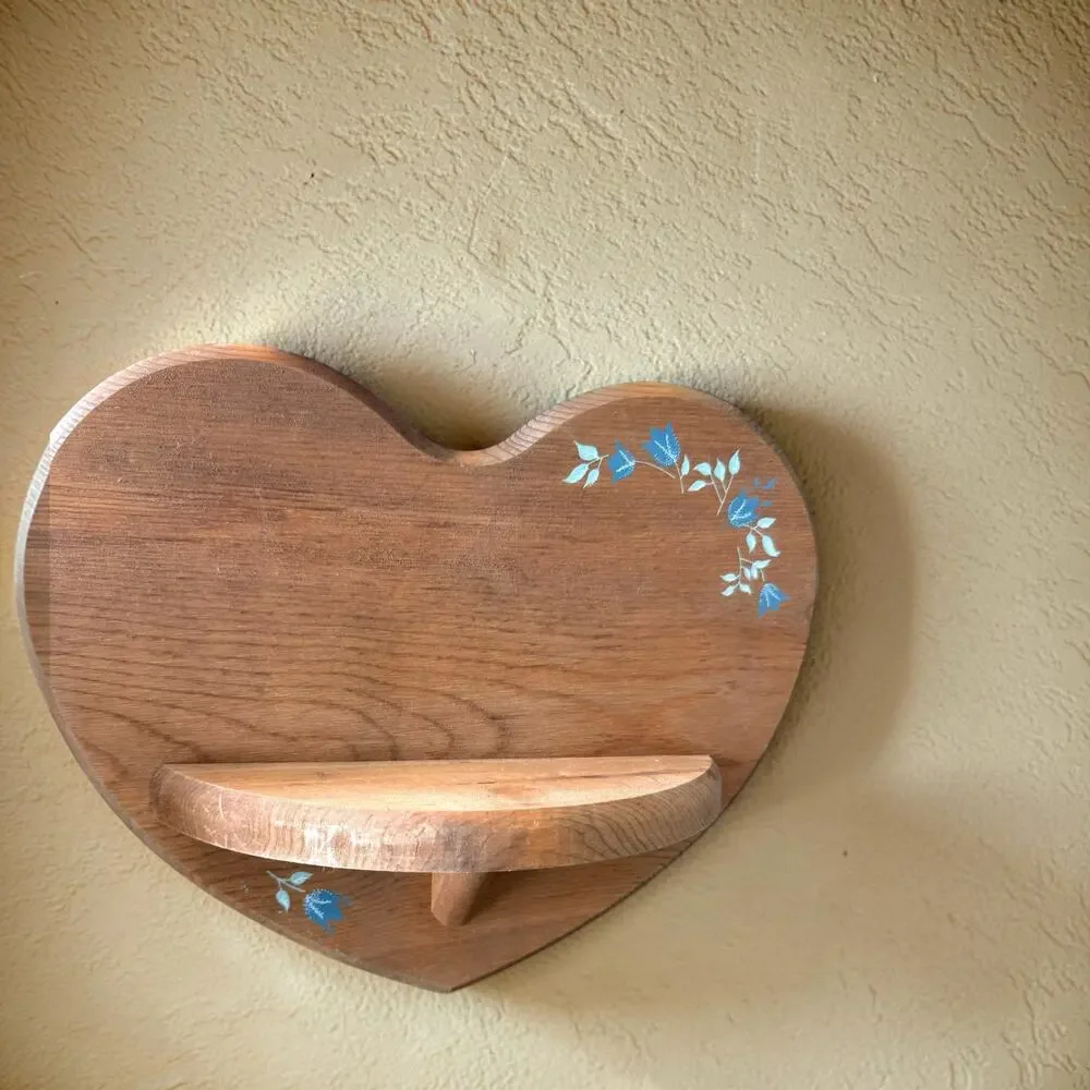 Vintage Wood Heart Wall Shelf Blue Tulip Stencil 1980s Country Cottage Folk Art